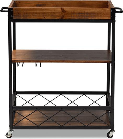 Wholesale Interiors Bar Units & Wine Cabinets - Capri Vintage Rustic Industrial Oak Brown and Black Finished Mobile Metal Bar Cart