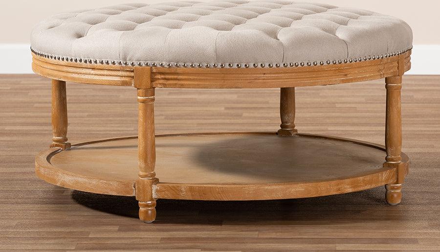 Wholesale Interiors Ottomans & Stools - Ambroise French Provincial Beige Linen Fabric Upholstered and White-Washed Oak Wood
