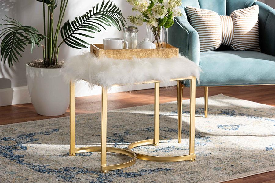 Wholesale Interiors Ottomans & Stools - Gwyn Glam and Luxe White Faux Fur Upholstered and Gold Finished Metal Ottoman