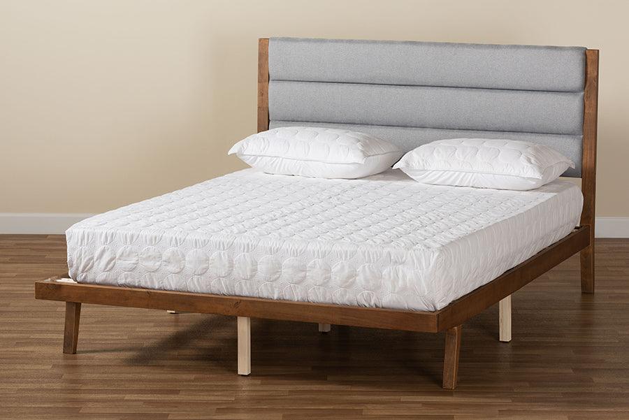 Wholesale Interiors Beds - Jarlan Modern and Contemporary Grey Fabric and Brown Wood King Size Platform Bed