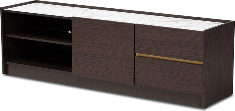 Wholesale Interiors TV & Media Units - Walker Modern and Contemporary Dark Brown and Gold Finished Wood TV Stand with Faux Marble Top Dark