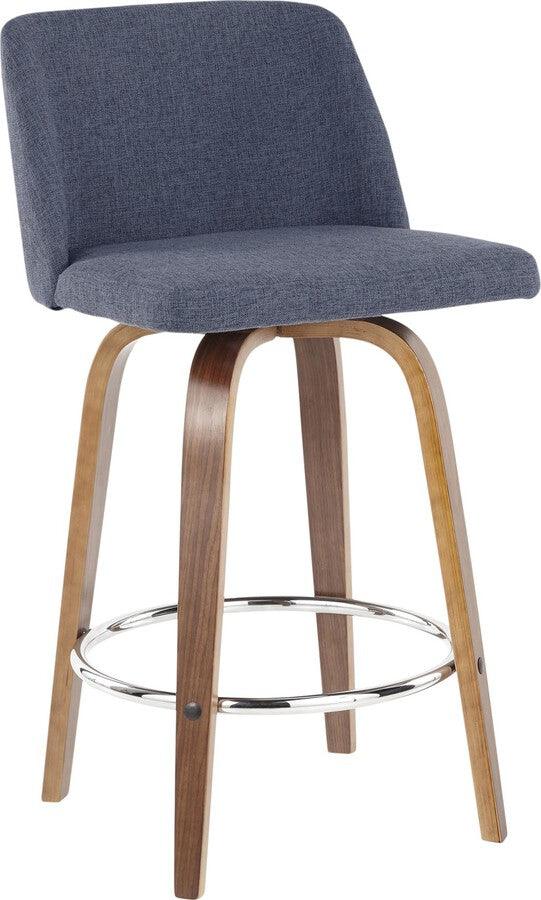 Lumisource Barstools - Toriano Mid-Century Counter Stool Walnut and Blue Fabric - Set of 2
