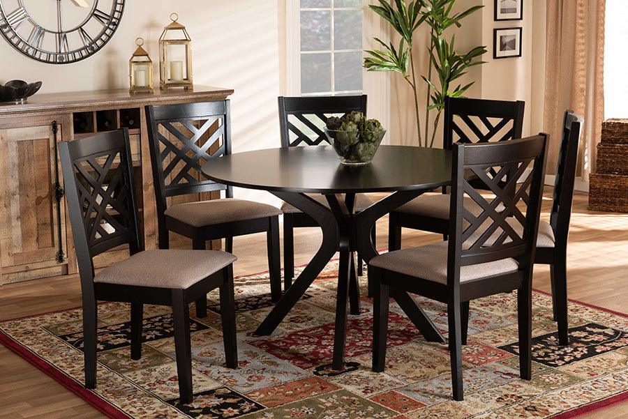 Wholesale Interiors Dining Sets - Norah Sand Fabric Upholstered and Dark Brown Finished Wood 7-Piece Dining Set