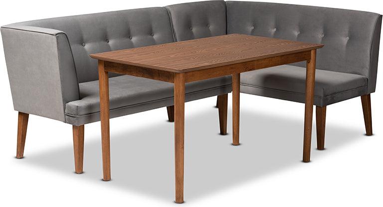 Wholesale Interiors Dining Sets - Stewart Mid-Century Grey Velvet Upholstered and Walnut Brown Finished Wood 3-Piece Dining Nook Set