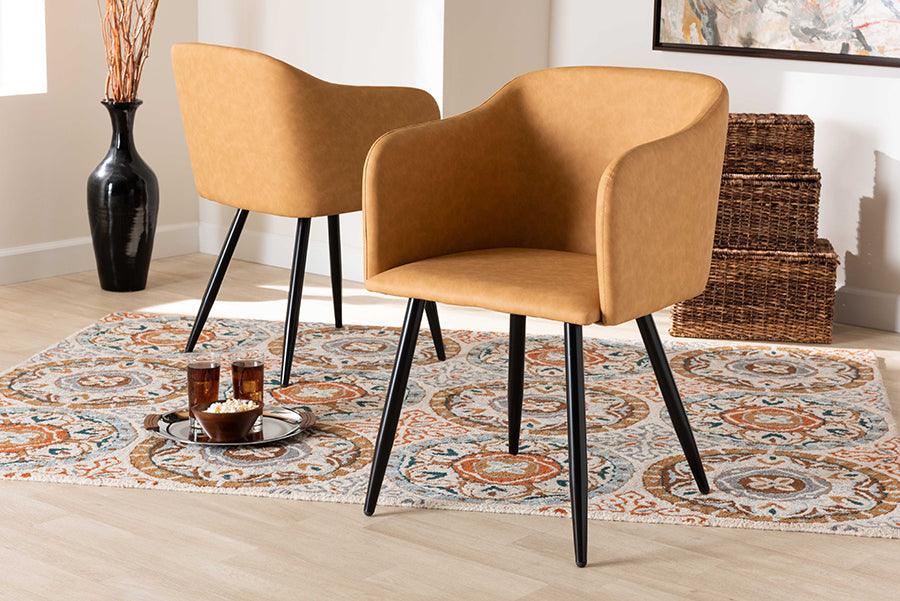 Wholesale Interiors Dining Chairs - Eris Mid-Century Contemporary Tan Faux Leather Upholstered and Black Metal 2-Piece Dining Chair Set