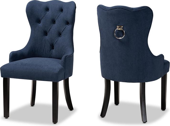 Wholesale Interiors Dining Chairs - Fabre Modern Navy Blue Velvet Fabric and Dark Brown Finished Wood 2-Piece Dining Chair Set