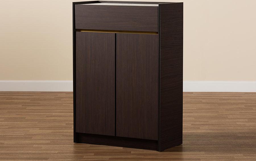 Wholesale Interiors Shoe Storage - Walker Dark Brown and Gold Finished Wood Shoe Cabinet with Faux Marble Top