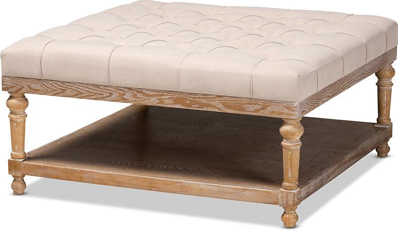 Wholesale Interiors Ottomans & Stools - Kelly Modern and Rustic Beige Linen Fabric and Greywashed Wood Cocktail Ottoman