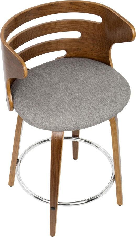 Lumisource Barstools - Cosini Mid-Century Modern Counter Stool with Swivel in Walnut and Grey Fabric - Set of 2