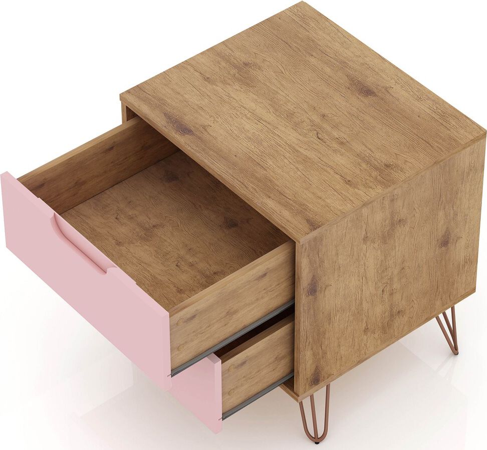 Manhattan Comfort Nightstands & Side Tables - Rockefeller 2.0 Mid-Century- Modern Nightstand with 2-Drawer in Nature and Rose Pink