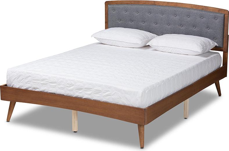 Wholesale Interiors Beds - Ratana Mid-Century Modern Grey Fabric and Brown Wood Queen Size Platform Bed