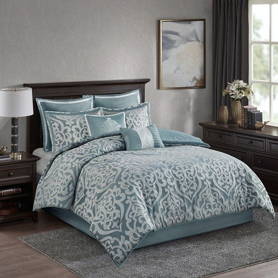 Olliix.com Comforters & Blankets - 8 Piece Jacquard Comforter Set Aqua/Silver Queen