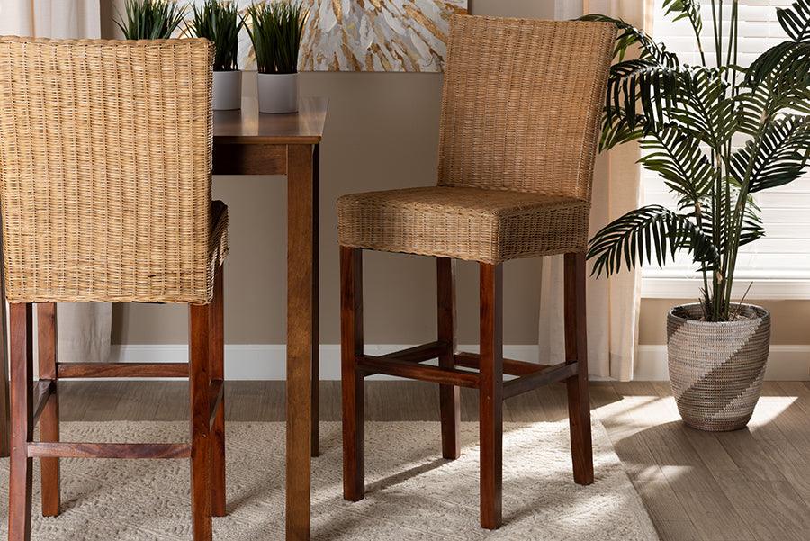 Wholesale Interiors Barstools - Racquel Modern Bohemian Natural Rattan And Mahogany Wood Bar Stool