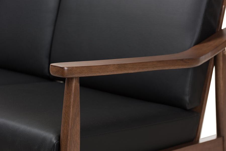 Wholesale Interiors Loveseats - Venza Mid-Century Modern Walnut Wood Black Faux Leather 2-Seater Loveseat