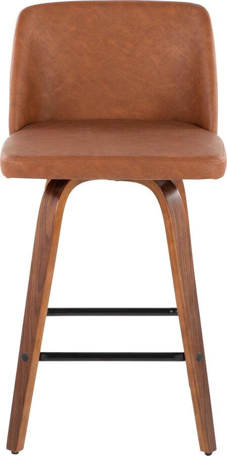 Lumisource Barstools - Toriano 26" Fixed Height Counter Stool With Swivel Walnut Wood & Camel Faux Leather (Set of 2)