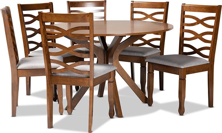 Wholesale Interiors Dining Sets - Mila Grey Fabric Upholstered and Walnut Brown Finished Wood 7-Piece Dining Set