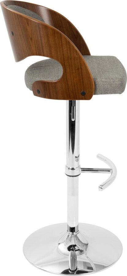 Lumisource Barstools - Pino Adjustable Barstool With Swivel In Chrome, Walnut Wood & Grey Fabric (Set of 2)
