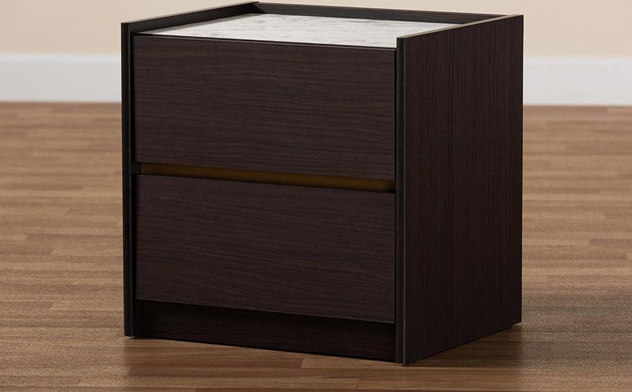 Wholesale Interiors Nightstands & Side Tables - Walker Dark Brown and Gold Finished Wood Nightstand with Faux Marble Top