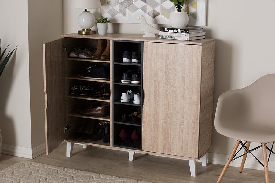 Wholesale Interiors Shoe Storage - Adelina Mid-Century Modern 2-door Oak and Grey Wood Shoe Cabinet