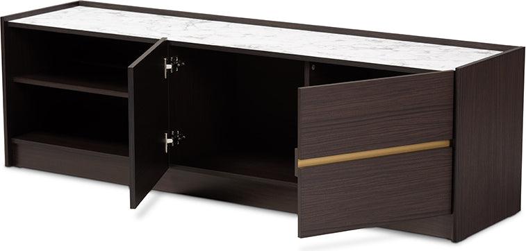 Wholesale Interiors TV & Media Units - Walker Modern and Contemporary Dark Brown and Gold Finished Wood TV Stand with Faux Marble Top Dark