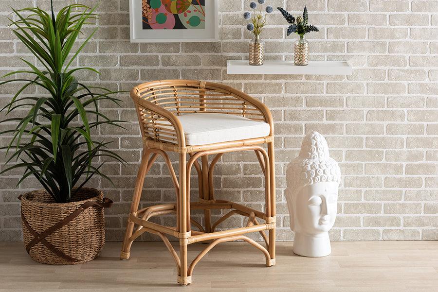 Wholesale Interiors Barstools - Maverick Modern Bohemian White Fabric Upholstered and Natural Brown Rattan Counter Stool