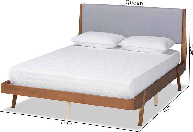 Wholesale Interiors Beds - Senna Mid-Century Modern Grey Fabric and Walnut Brown Wood King Size Platform Bed