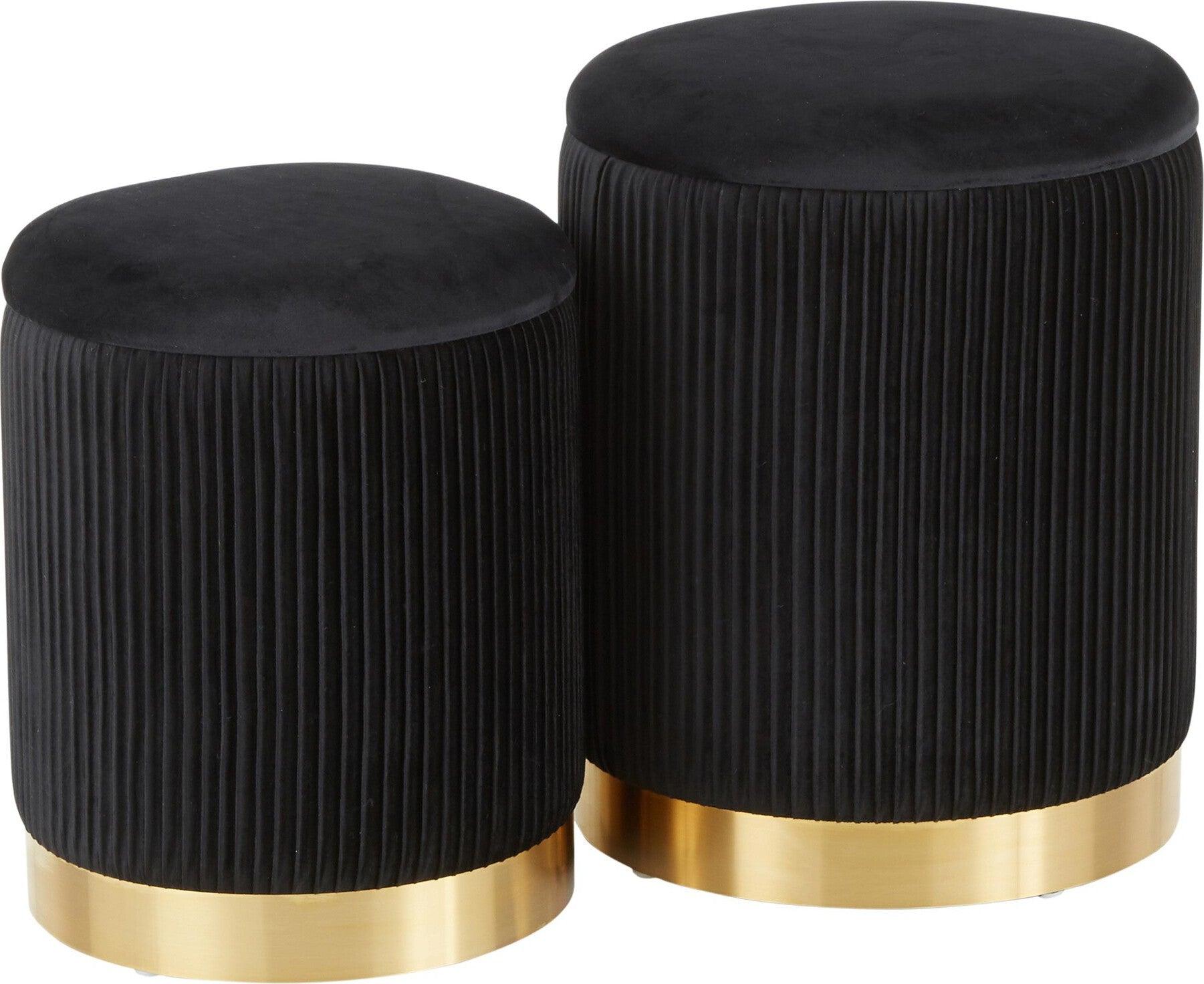 Lumisource Ottomans & Stools - Marla Contemporary Nesting Pleated Ottoman Set Gold Metal & Black Velvet