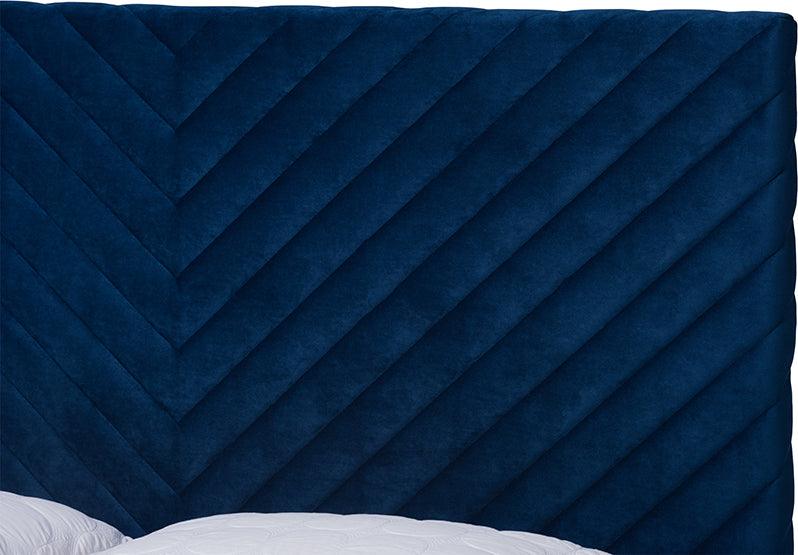 Wholesale Interiors Beds - Fabrico Glam and Luxe Navy Blue Velvet Fabric Upholstered and Gold Metal Queen Size Platform Bed