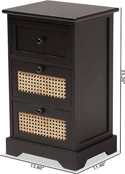 Wholesale Interiors Cabinets & Wardrobes - Dacey Mid-Century Modern Espresso Brown Wood and Rattan 3-Drawer Storage Cabinet