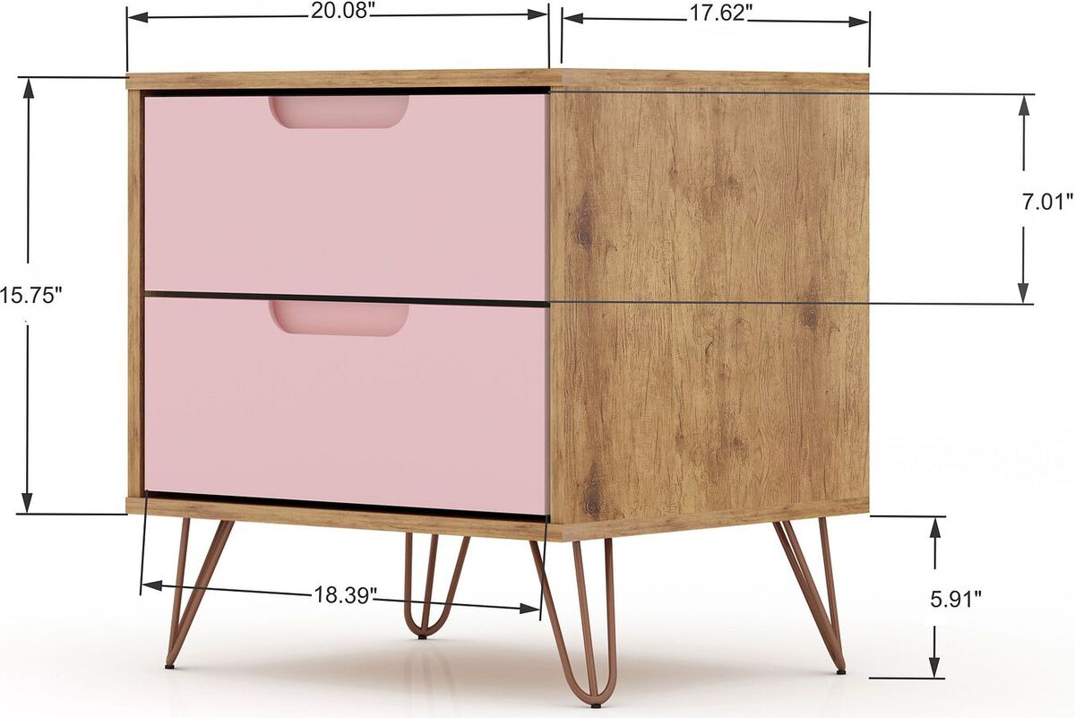 Manhattan Comfort Nightstands & Side Tables - Rockefeller 2.0 Mid-Century- Modern Nightstand with 2-Drawer in Nature and Rose Pink