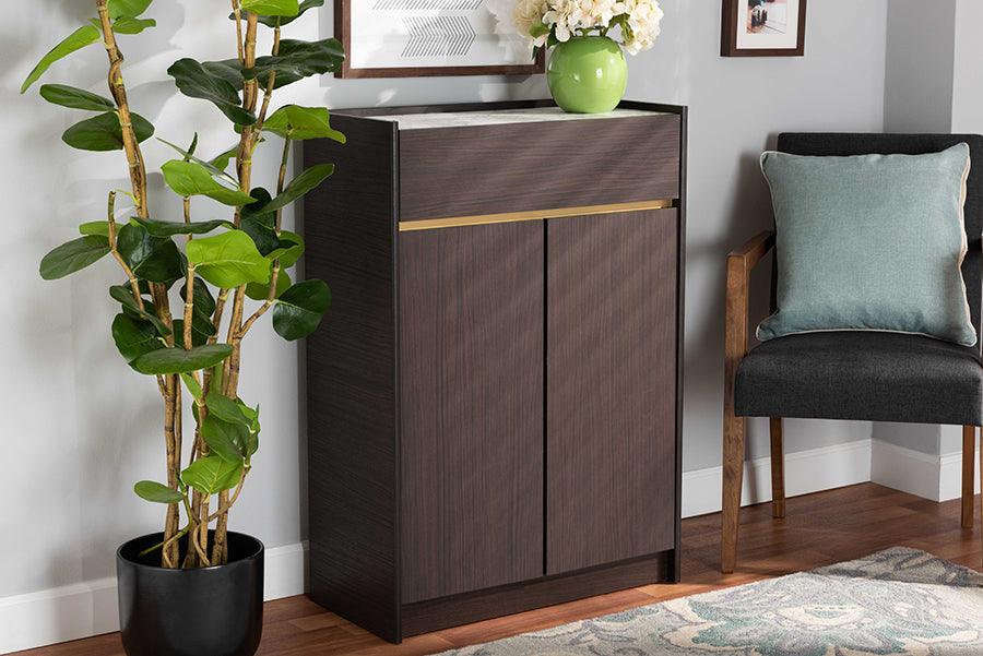 Wholesale Interiors Shoe Storage - Walker Dark Brown and Gold Finished Wood Shoe Cabinet with Faux Marble Top