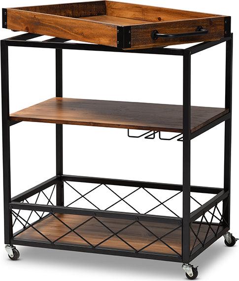 Wholesale Interiors Bar Units & Wine Cabinets - Capri Vintage Rustic Industrial Oak Brown and Black Finished Mobile Metal Bar Cart
