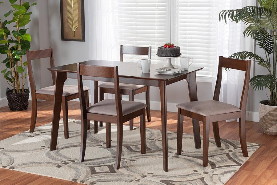 Wholesale Interiors Dining Sets - Carola Mid-Century Modern Grey Fabric And Dark Brown Finish Wood 5-Piece Dining Chair Set
