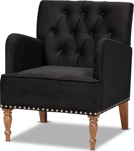 Wholesale Interiors Accent Chairs - Eri Contemporary Glam and Luxe Black Velvet and Walnut Brown Wood Armchair