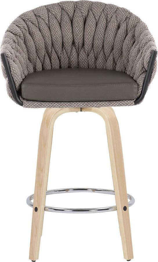 Lumisource Barstools - Braided Matisse Counter Stool With Natural Wood Legs & Round Chrome Footrest With Grey (Set of 2)