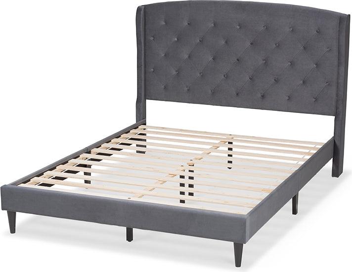 Wholesale Interiors Beds - Joanna Grey Velvet Fabric Upholstered and Dark Brown Finished Wood Queen Size Platform Bed