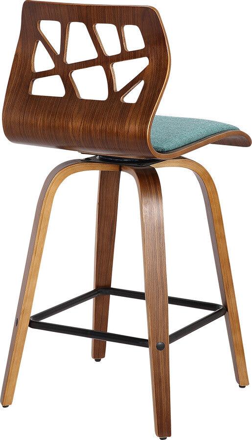 Lumisource Barstools - Folia Mid-Century Modern Counter Stool in Walnut Wood and Teal Fabric - Set of 2