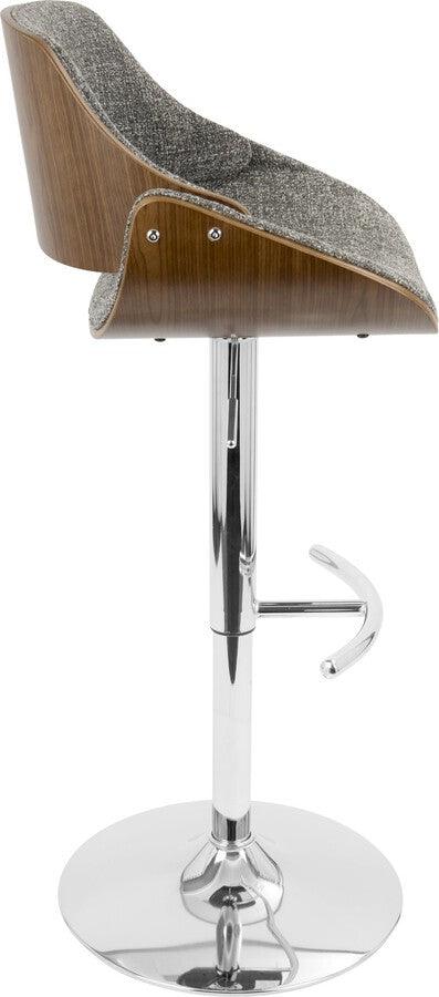 Lumisource Barstools - Fabrizzi Adjustable Barstool With Swivel In Chrome, Walnut & Grey Noise Fabric (Set of 2)