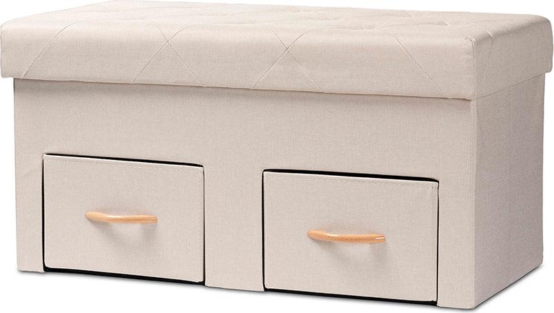 Wholesale Interiors Ottomans & Stools - Gerwin Modern Beige Fabric and Brown Wood 2-Drawer Storage Ottoman