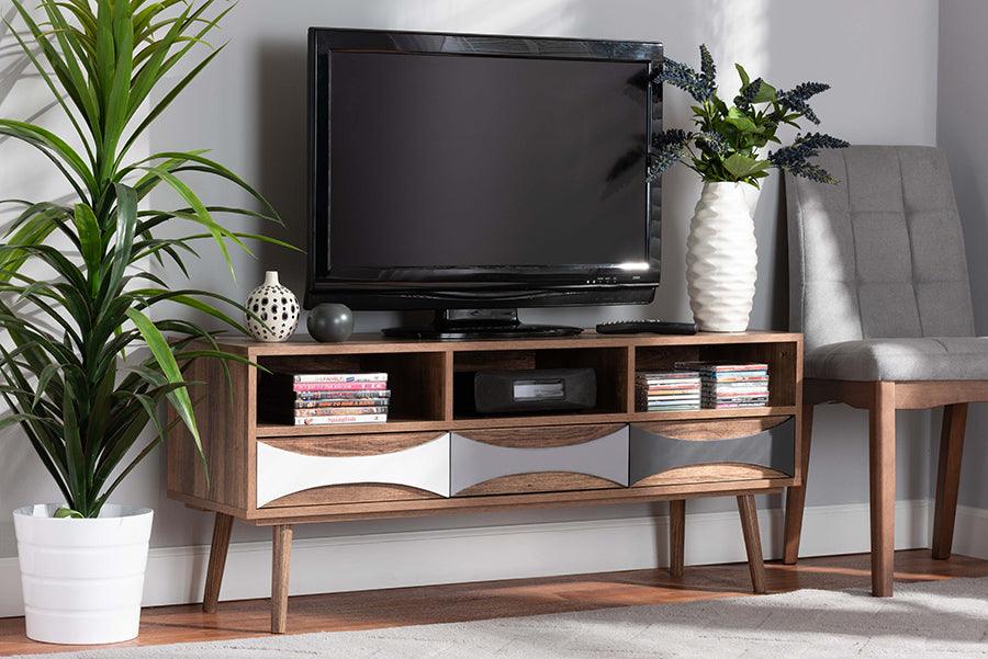 Wholesale Interiors TV & Media Units - Leane Modern and Contemporary Natural Brown and Multi-Colored Wood 3-Drawer TV Stand