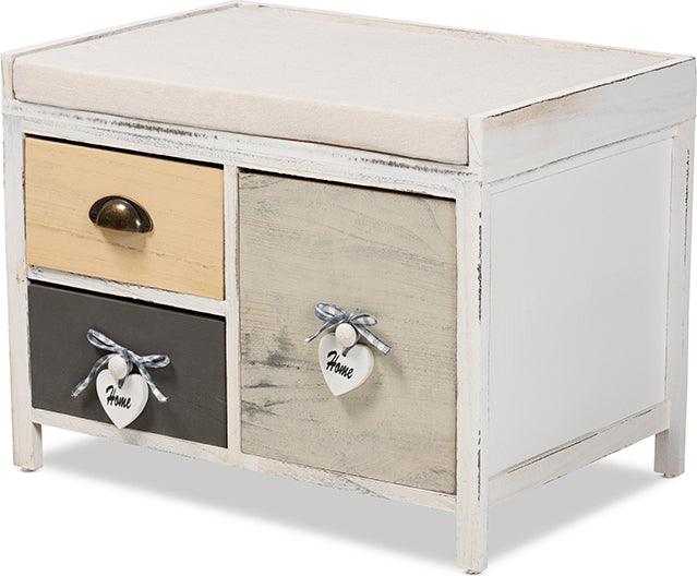 Wholesale Interiors Benches - Jacoby Modern Transitional Beige Fabric and Multi-Colored Wood 3-Drawer Storage Bench