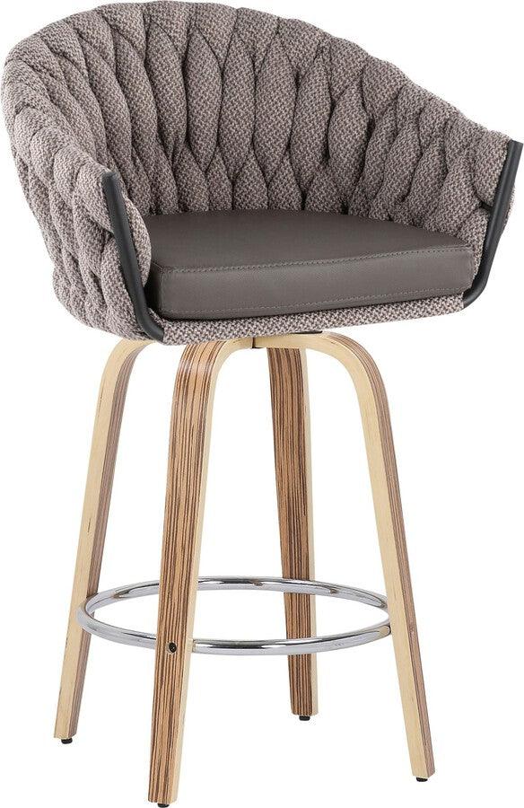 Lumisource Barstools - Braided Matisse Counter Stool With Zebra Wood Legs & Round Chrome Footrest With Grey (Set of 2)