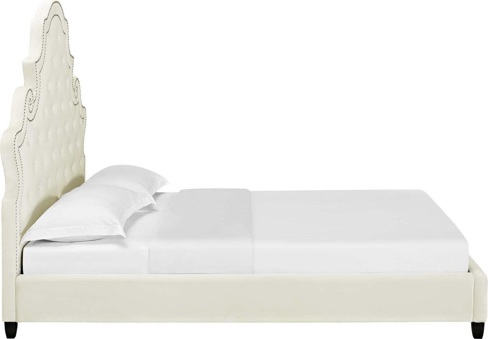 Modway Beds - Valentina Queen Tufted Nailhead Performance Velvet Platform Bed Ivory