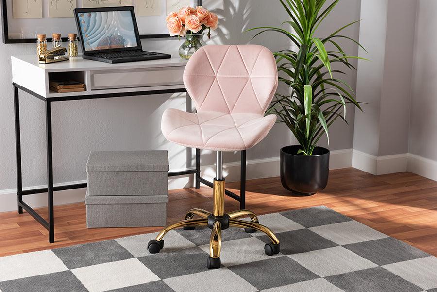 Wholesale Interiors Task Chairs - Savara Contemporary Glam and Luxe Blush Pink Velvet Fabric and Gold Metal Swivel Office Chair