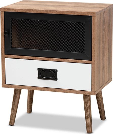 Wholesale Interiors Nightstands & Side Tables - Hubbard Mid-Century Modern Brown and White Wood and Black Metal 1-Drawer Nightstand