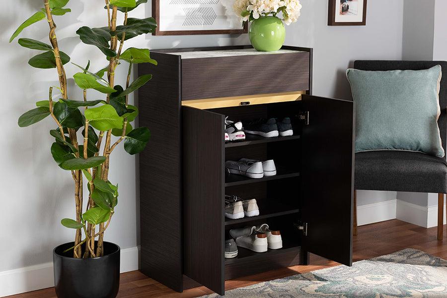 Wholesale Interiors Shoe Storage - Walker Dark Brown and Gold Finished Wood Shoe Cabinet with Faux Marble Top