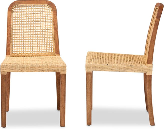 Wholesale Interiors Dining Chairs - Caspia Mid-Century Modern Walnut Brown Mahogany Wood and Natural Rattan 2-Piece Dining Chair Set