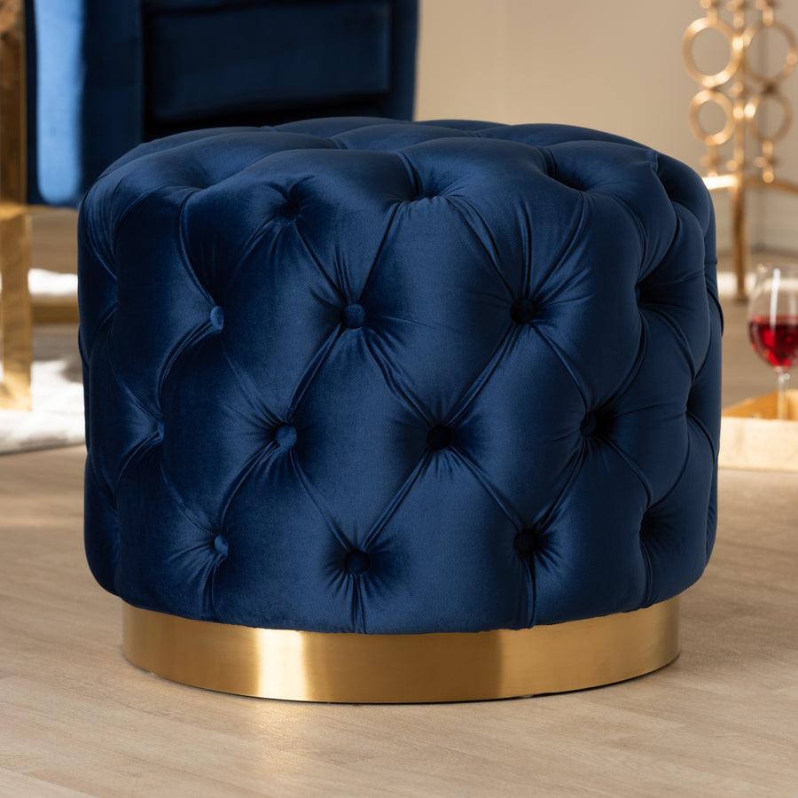 Wholesale Interiors Ottomans & Stools - Valeria Glam Royal Blue Velvet Fabric Upholstered Gold-Finished Button Tufted Ottoman