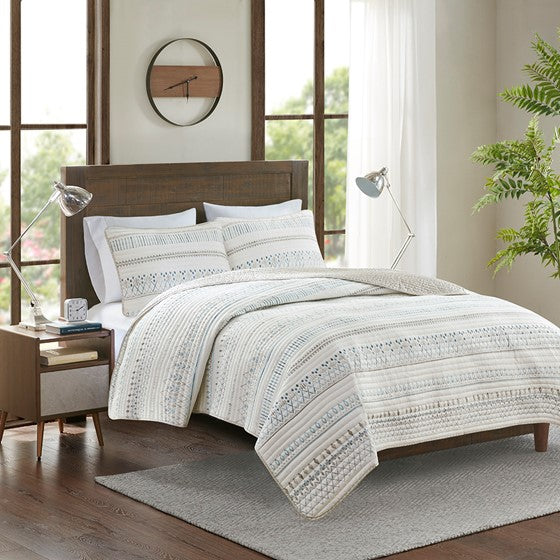 Olliix.com Coverlet - 3 Piece Printed Microfiber Seersucker Quilt Set Taupe/Blue Full/Queen