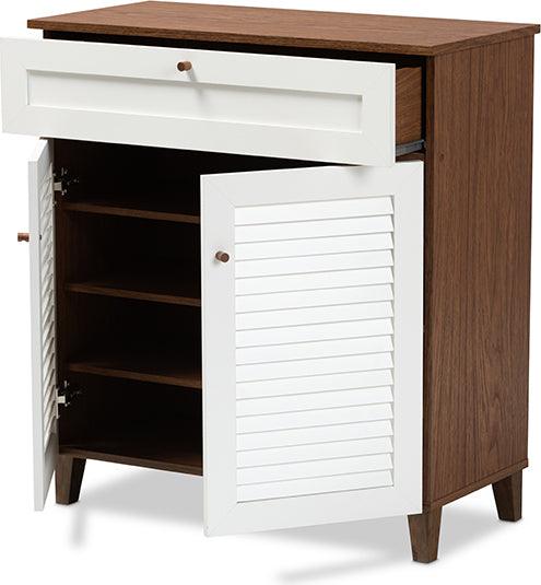 Wholesale Interiors Shoe Storage - Coolidge White And Walnut Finished 4-Shelf Wood Shoe Storage Cabinet With Drawer